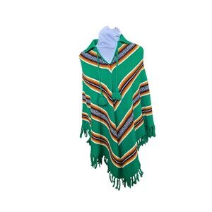 Vintage Poncho 1970s Sweater Green Southwest Aztec Fringe Tassel Western Boho